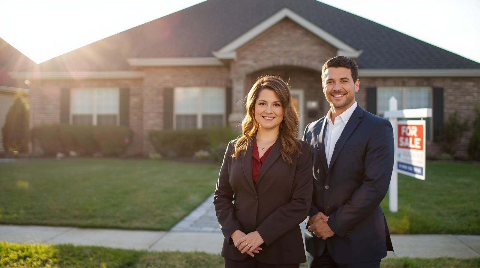 Two real estate agents standing in front of a home with a for sale sign in Glenpool, Oklahoma.
