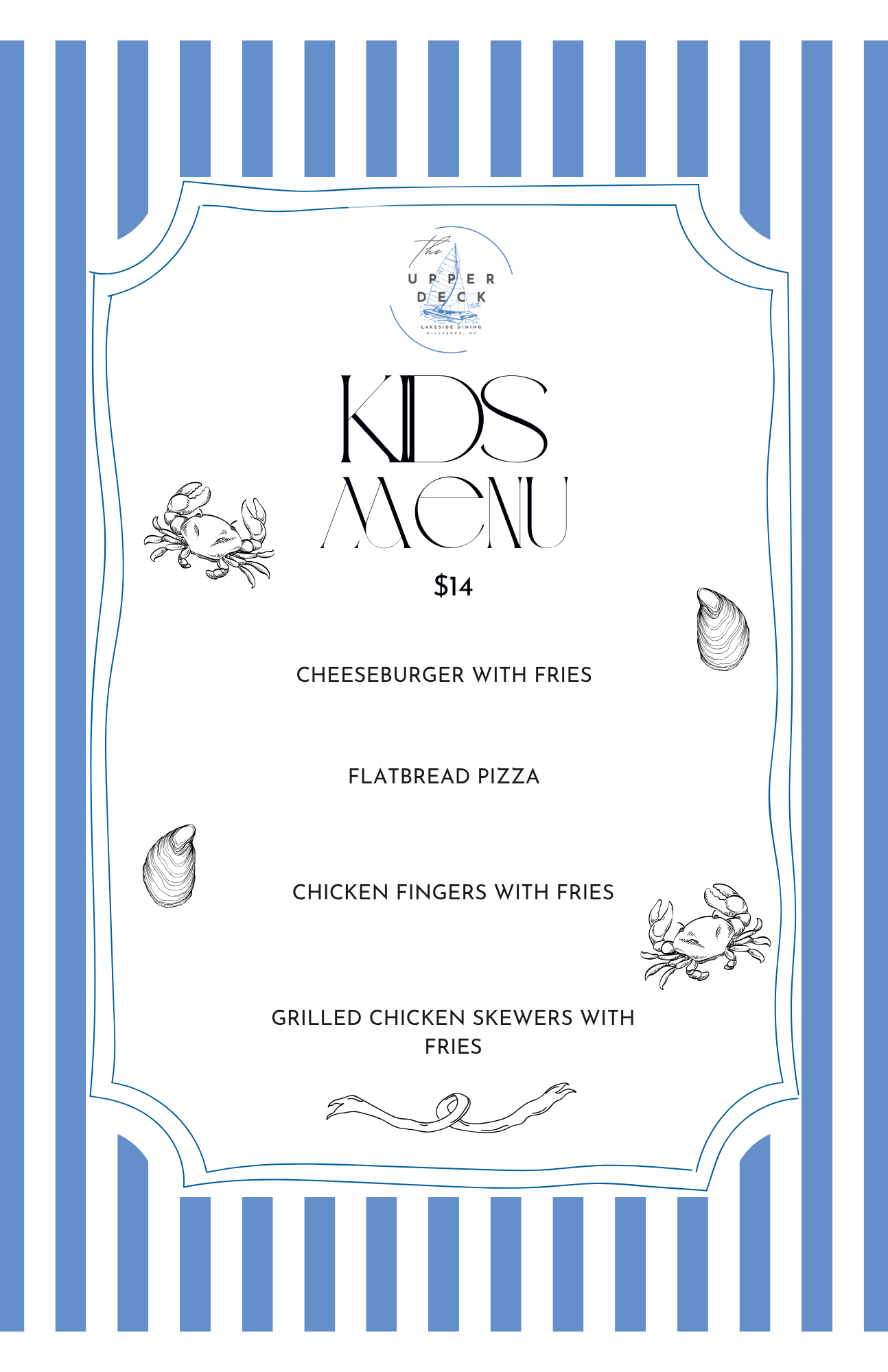 A blue and white striped wedding invitation with a blue and white striped background.