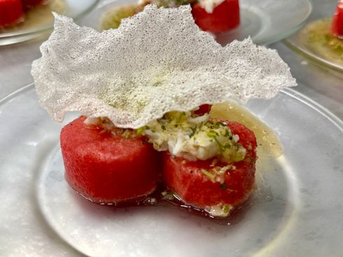 A close up of a plate of food on a table.