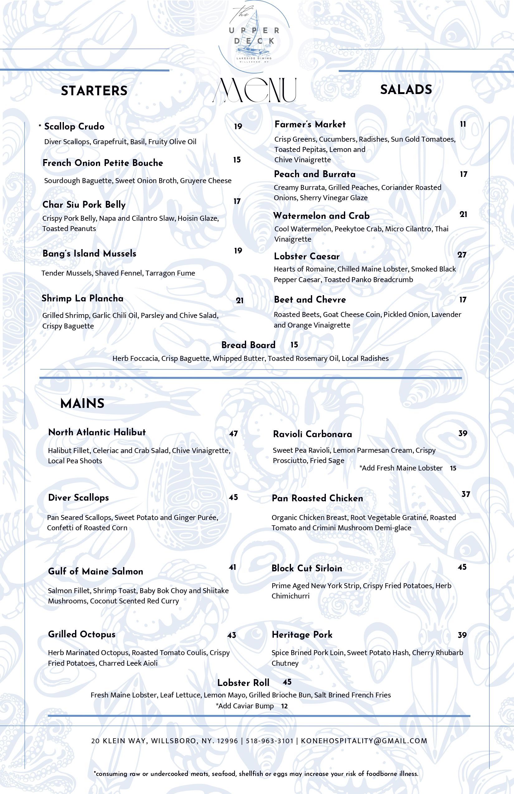A menu for a restaurant shows a variety of sandwiches and salads.