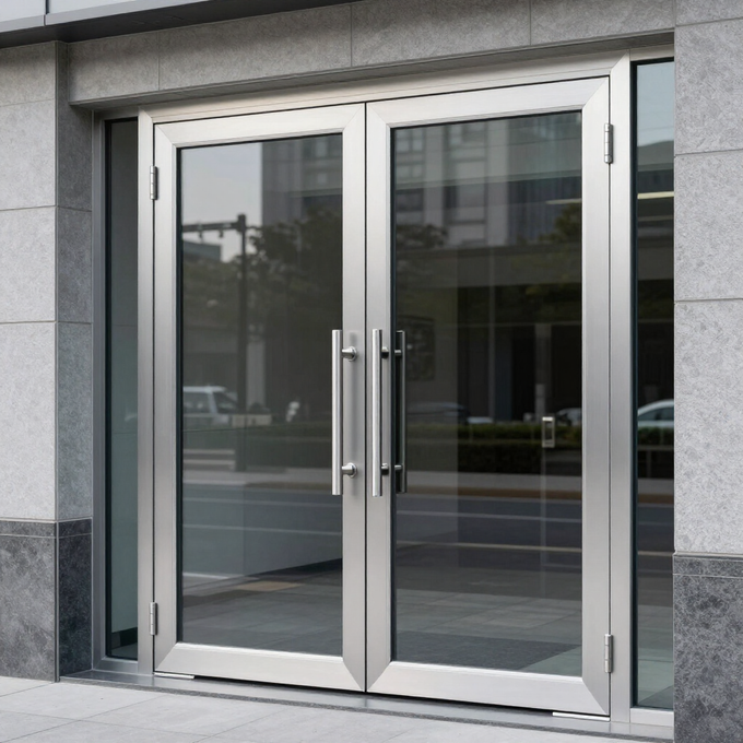 Puertas dobles de cristal con marcos de metal plateado y tiradores verticales largos, integradas en la fachada de piedra de un edificio.