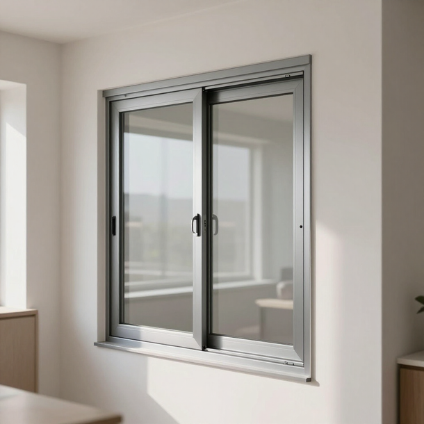 Una moderna ventana corredera con marco plateado instalada en una pared interior lisa de color claro.