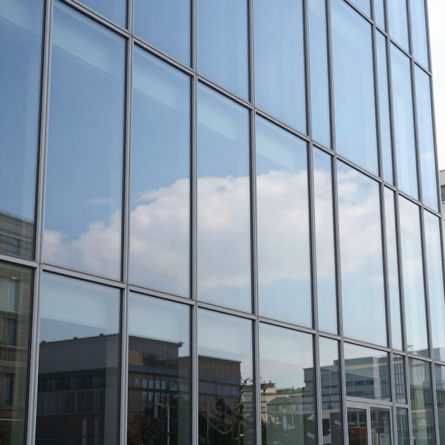 La fachada de cristal de un moderno edificio de oficinas refleja el cielo, las nubes y las estructuras cercanas.