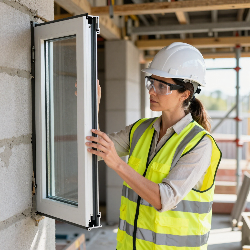 Un obrero de la construcción, con casco y chaleco de seguridad, instala un marco de ventana blanco en una pared de hormigón.