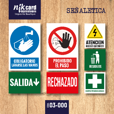 Señales de seguridad: lavado de manos, prohibido el paso, peligro de descarga eléctrica, eliminación de residuos, salida, rechazado, primeros auxilios.