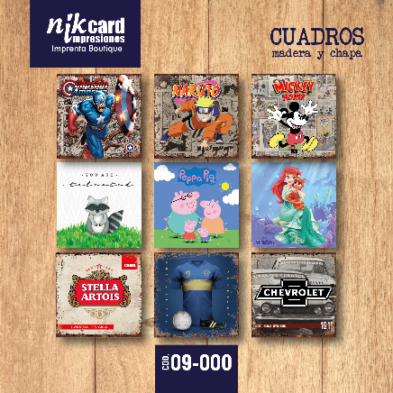 Nueve láminas cuadradas de arte mural con personajes de dibujos animados, logotipos y un coche clásico, expuestas sobre una superficie de madera.