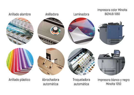 Máquinas para el acabado de impresión: encuadernación con alambre, encuadernación con espiral, laminadora, impresora a color, encuadernación con plástico, grapadora automática, troqueladora automática e impresora en blanco y negro.