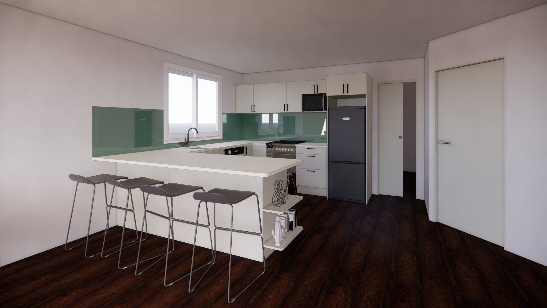 An artist 's impression of a kitchen with a large island and stools.