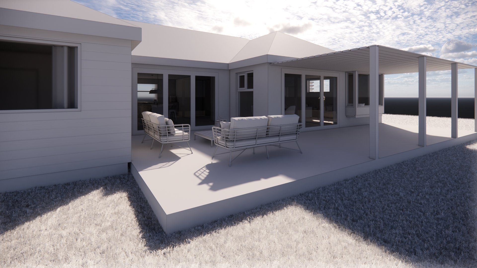 A 3d model of a house with a patio and a porch.