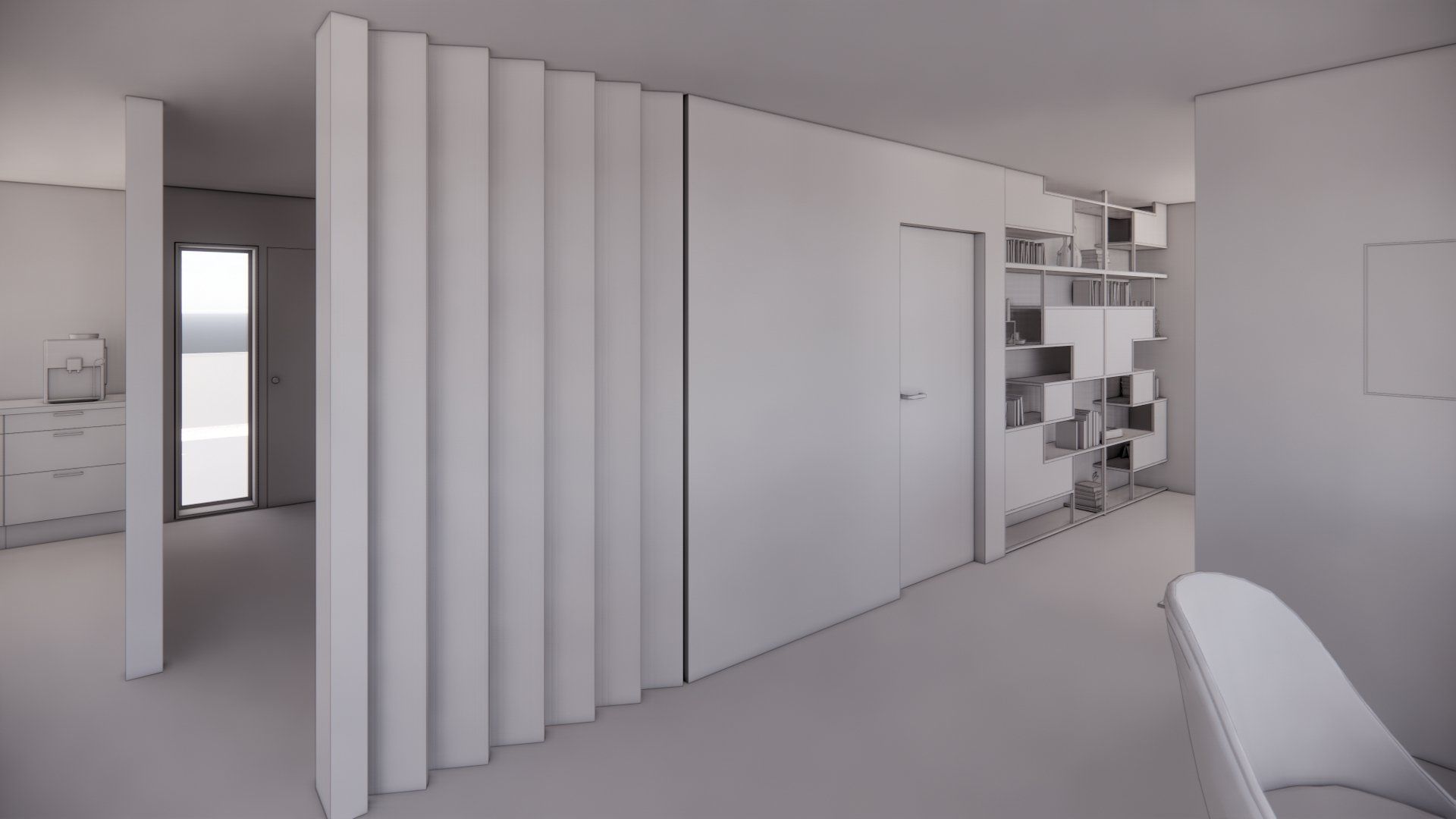 A 3d rendering of a living room with a sliding wall.