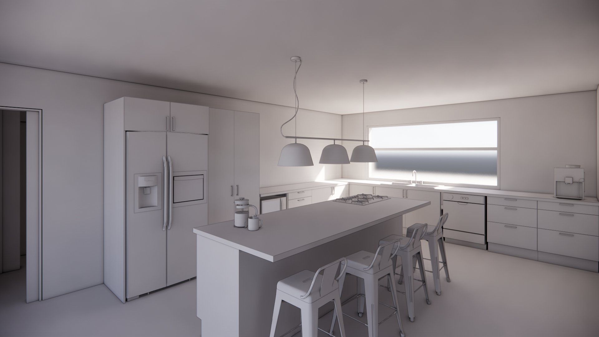 A 3d model of a kitchen with a large island and stools.