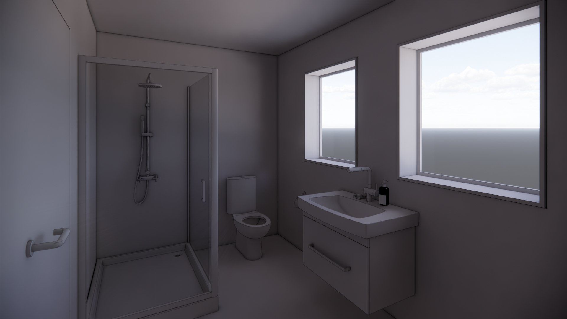 A bathroom with a toilet , sink , shower and two windows.