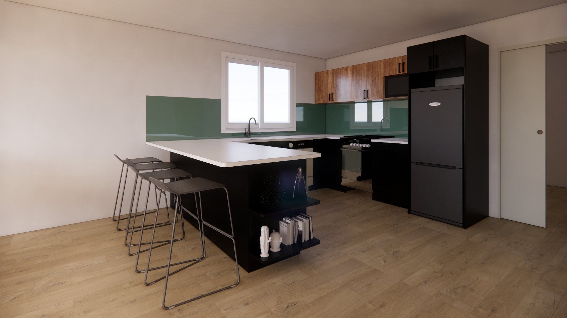 A kitchen with a large island , stools and a refrigerator.