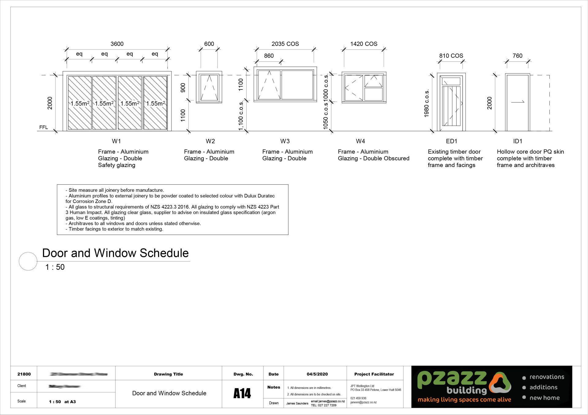 A black and white drawing of a door and window schedule.