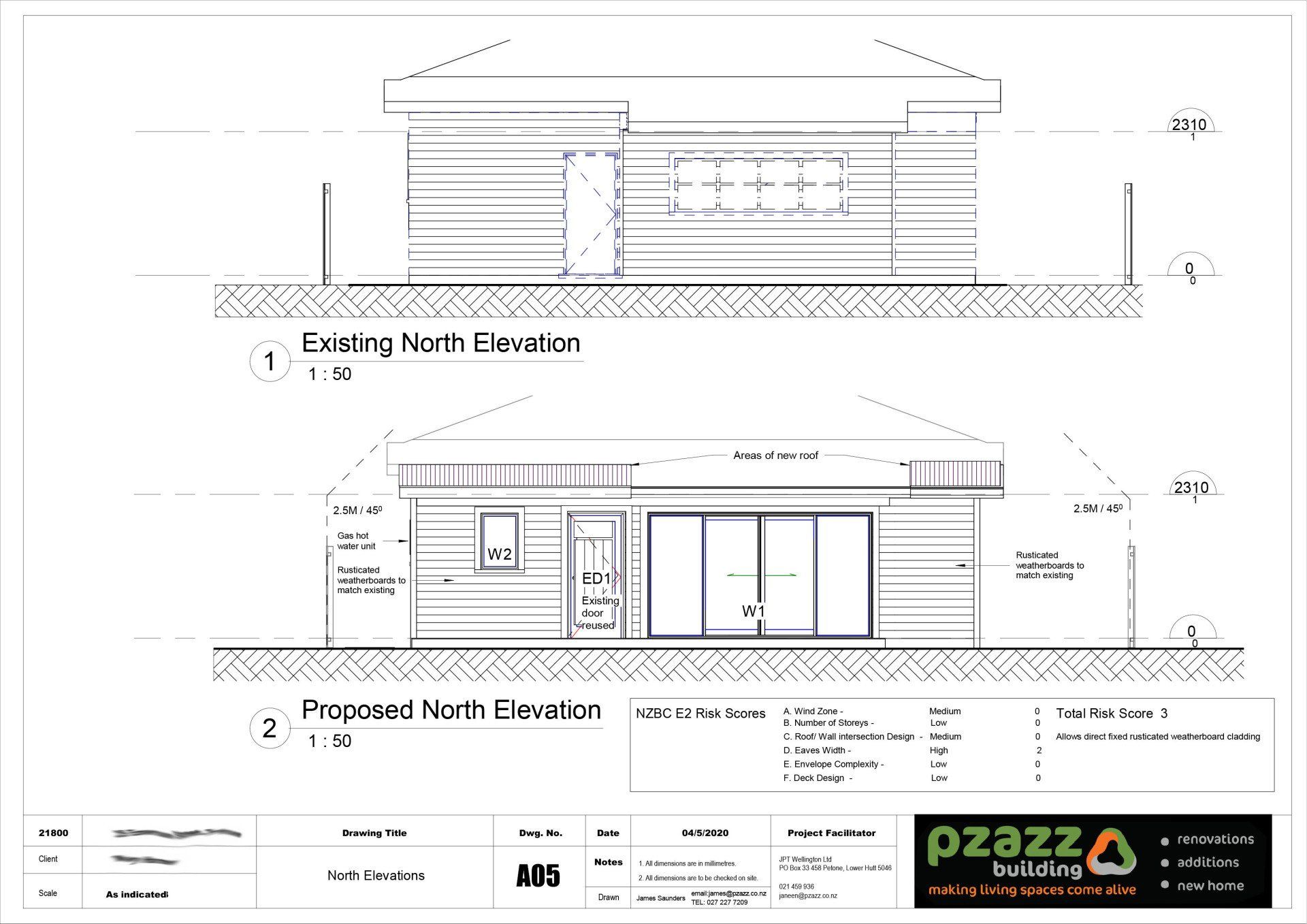 A black and white drawing of a house with a proposed north elevation.