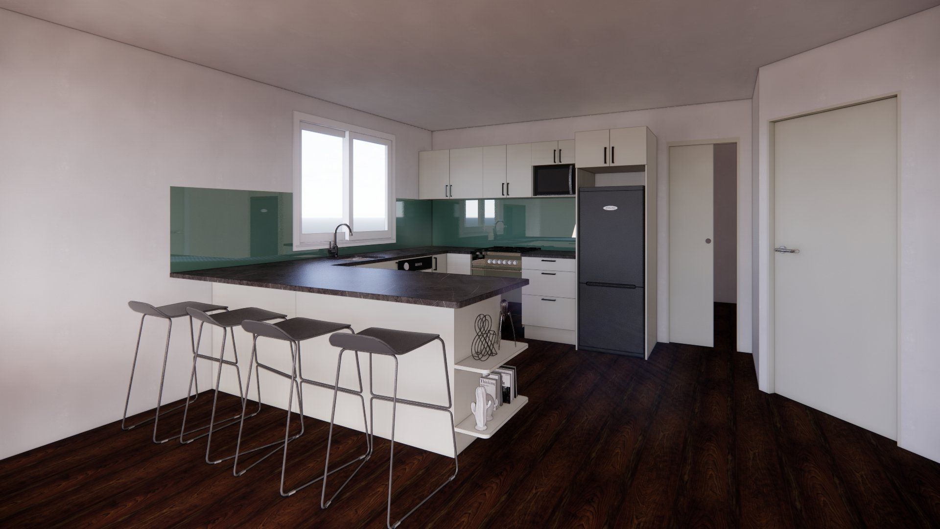 An artist 's impression of a kitchen with a large island and stools.