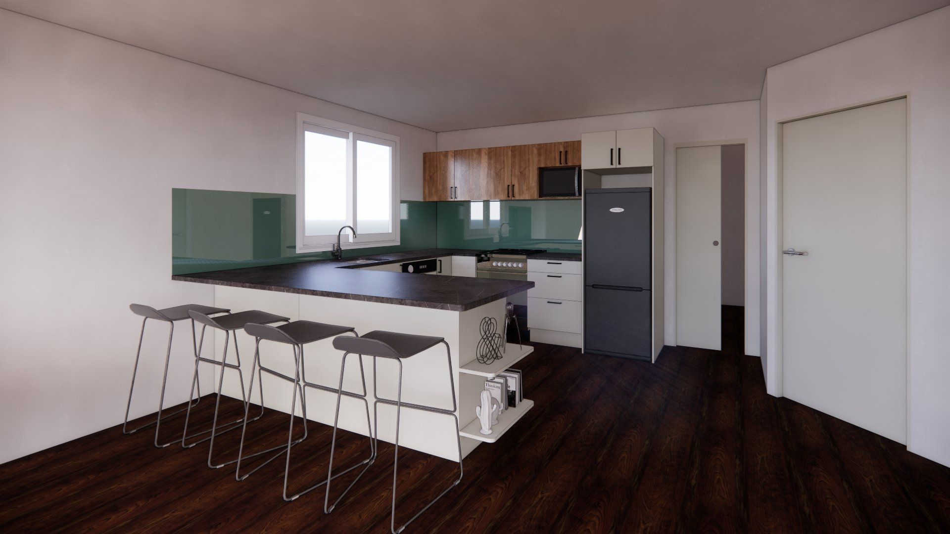 An artist 's impression of a kitchen with a large island and stools.