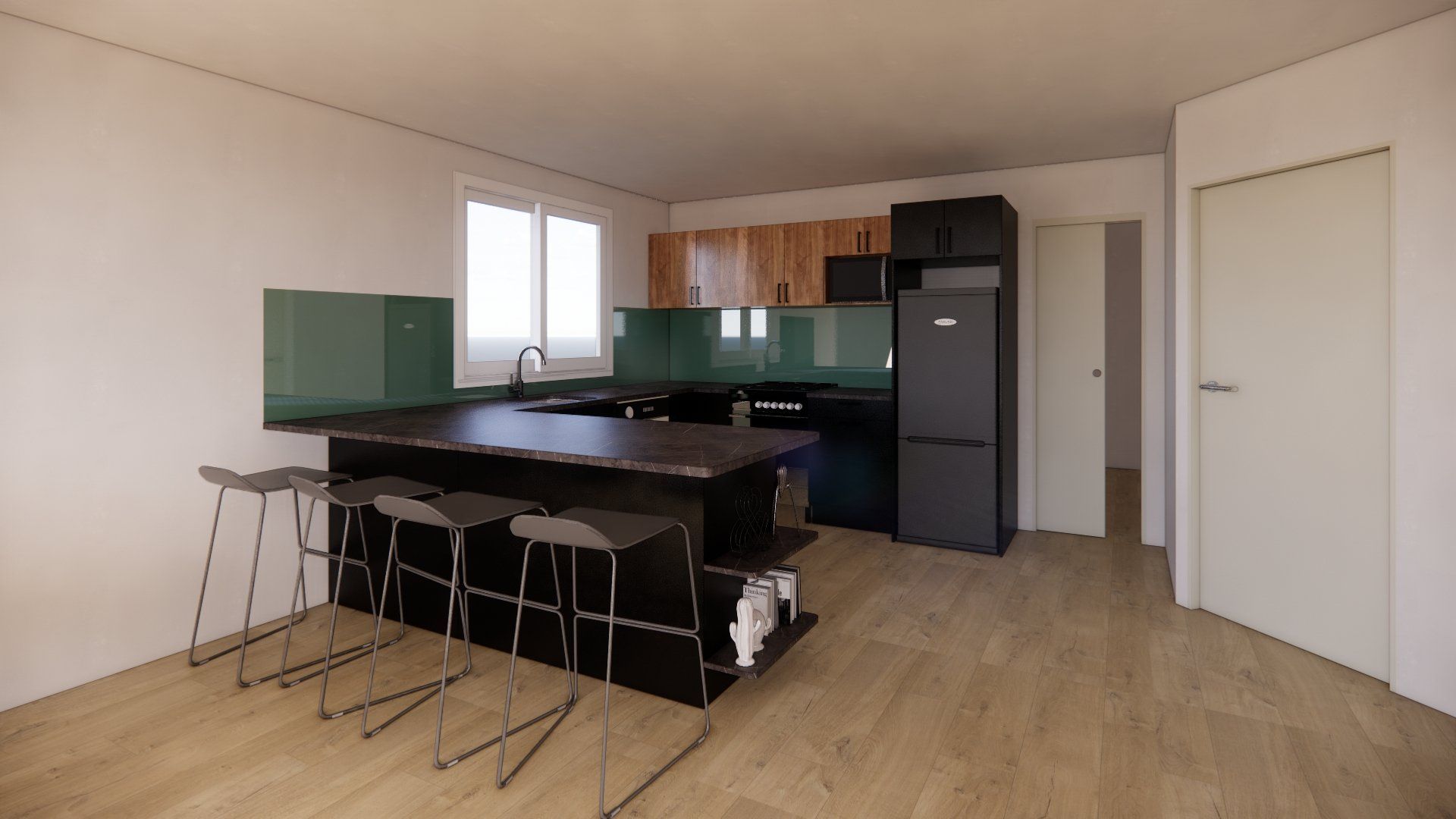 An artist 's impression of a kitchen with a large island and stools.