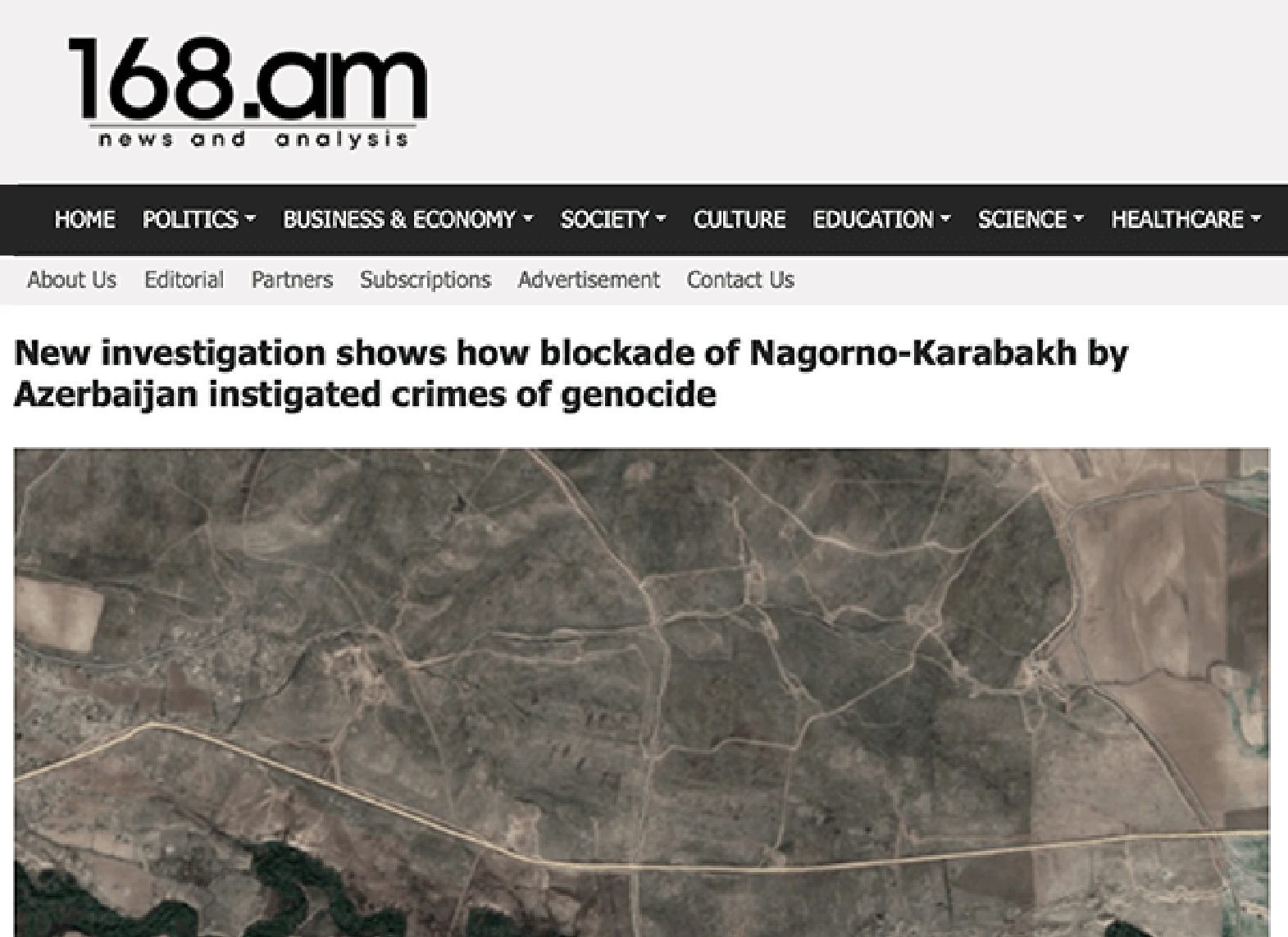 A screenshot of the press feature from the website on 168.am about the The ethnic cleansing of the Armenians of Nagorno-Karabakh