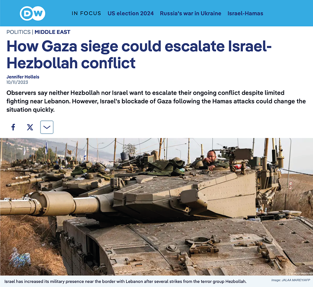 A screenshot of a news article titled how gaza slege could escalate israel-hezbollah conflict