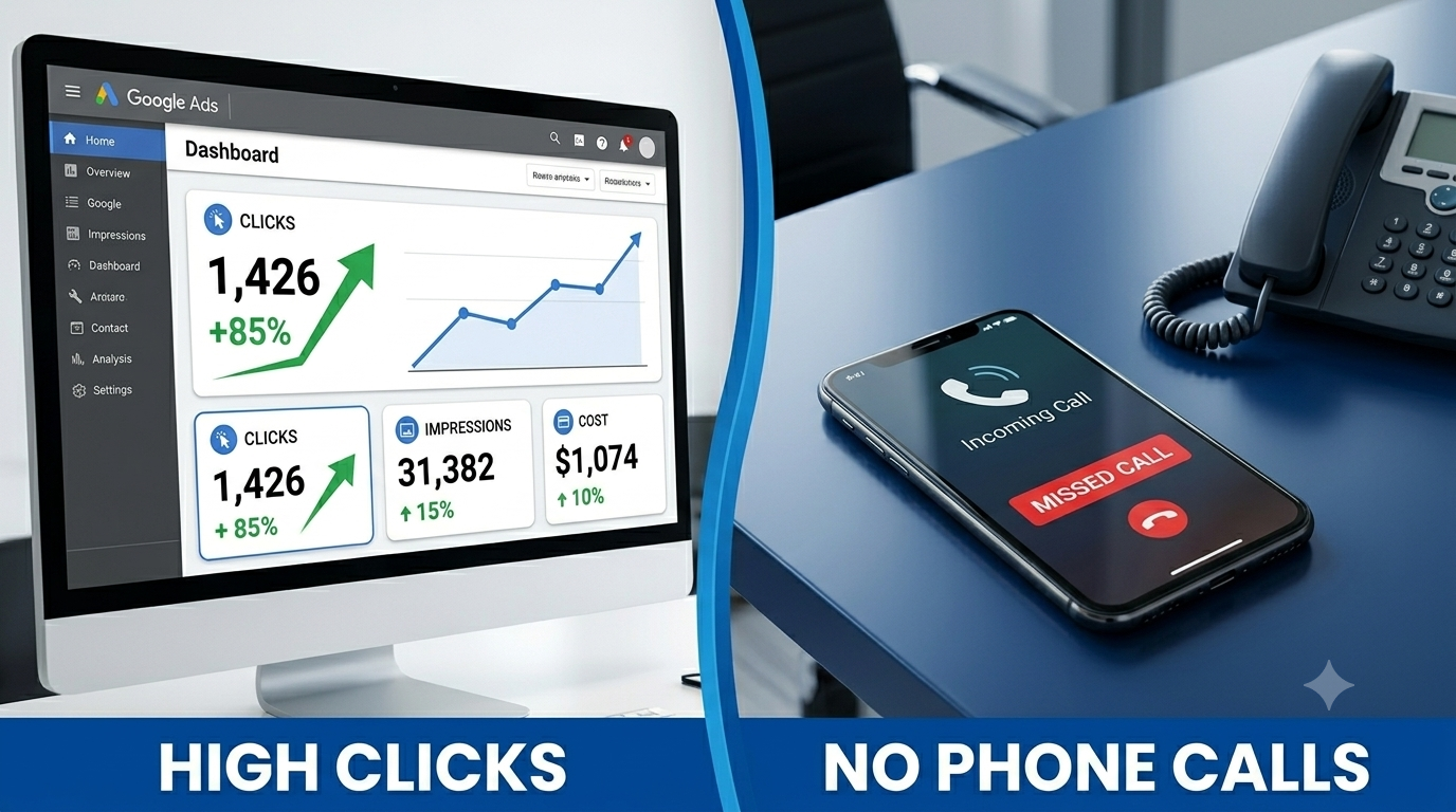Service business owner reviewing Google Ads dashboard showing high clicks but no phone calls