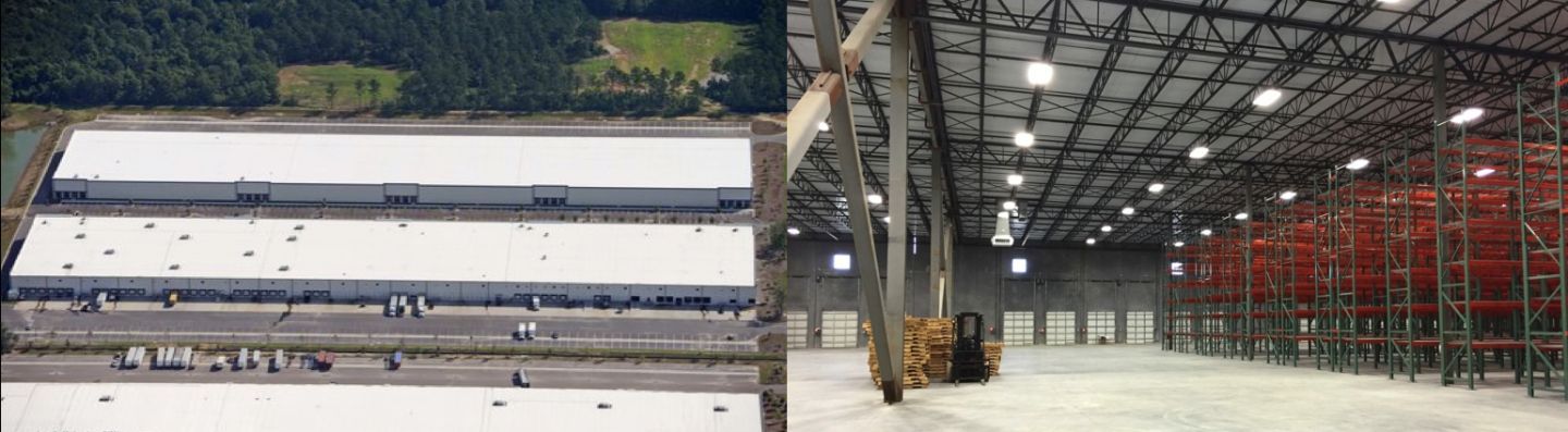 An aerial view of a warehouse and an empty warehouse.