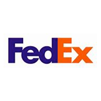 The fedex logo is blue and orange on a white background.