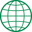 A green globe with a grid around it on a white background.