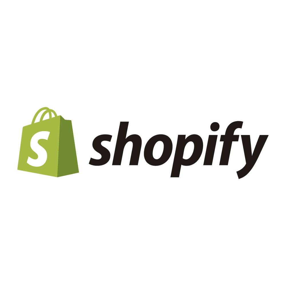 A shopify logo with a green shopping bag on a white background.