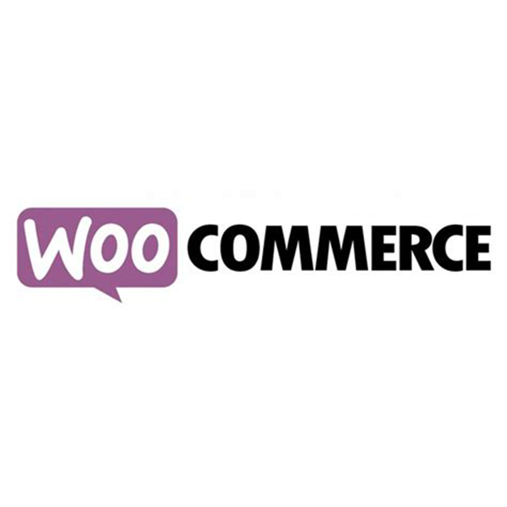 The logo for woocommerce is a purple speech bubble on a white background.