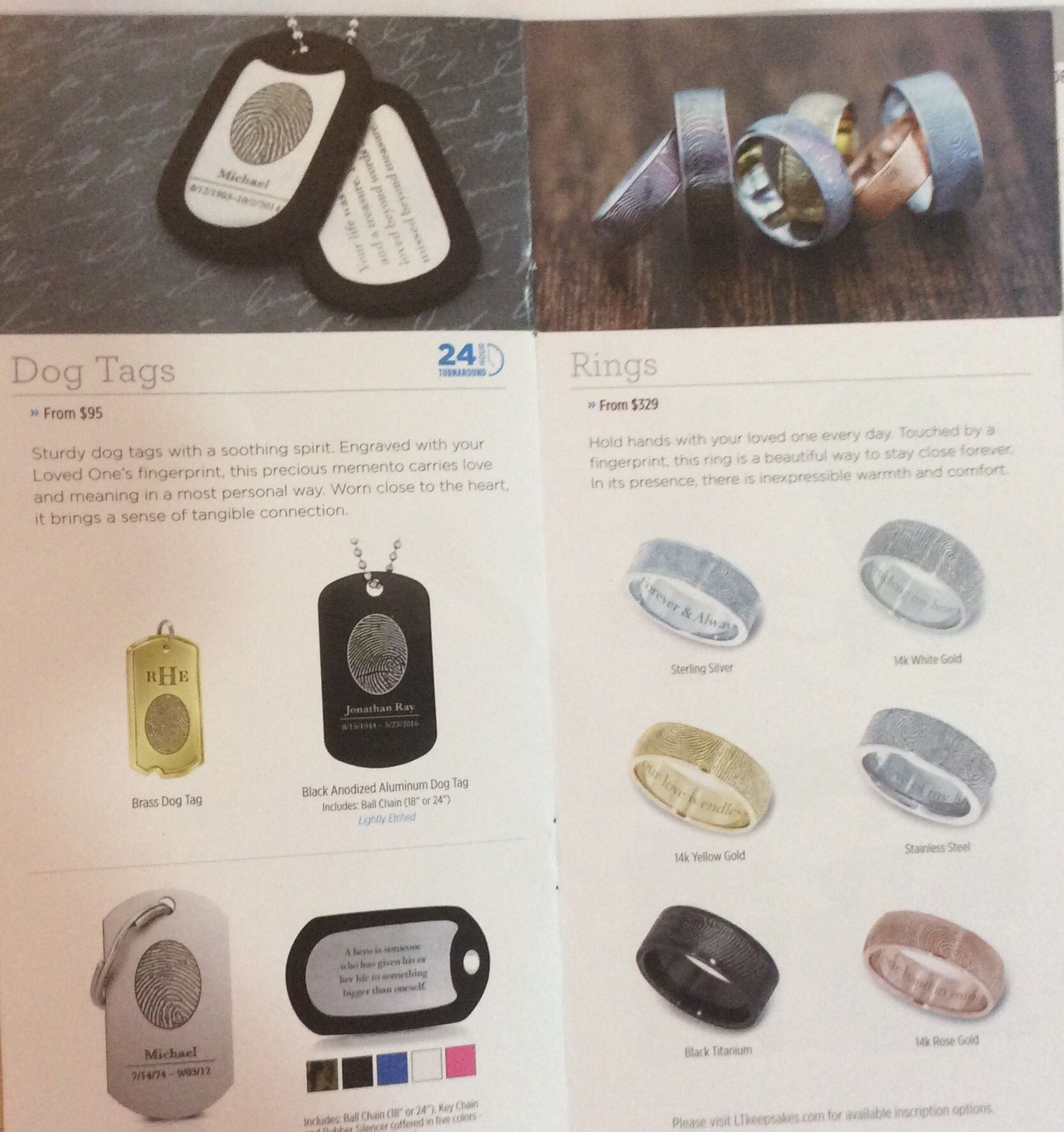 A brochure for dog tags and rings is open to a page