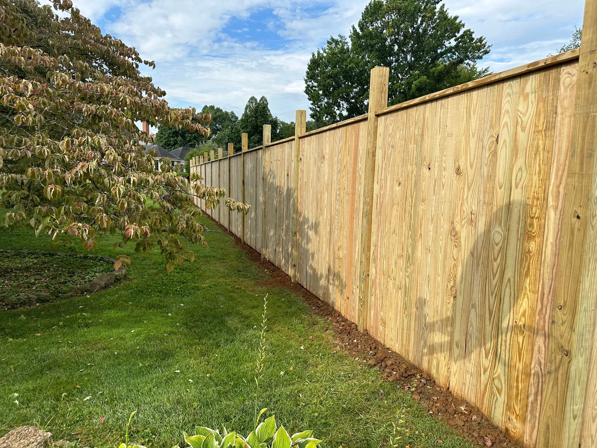 A wooden fence is sitting in the middle of a lush green field.  | Louisville, KY | Lancaster Fencing