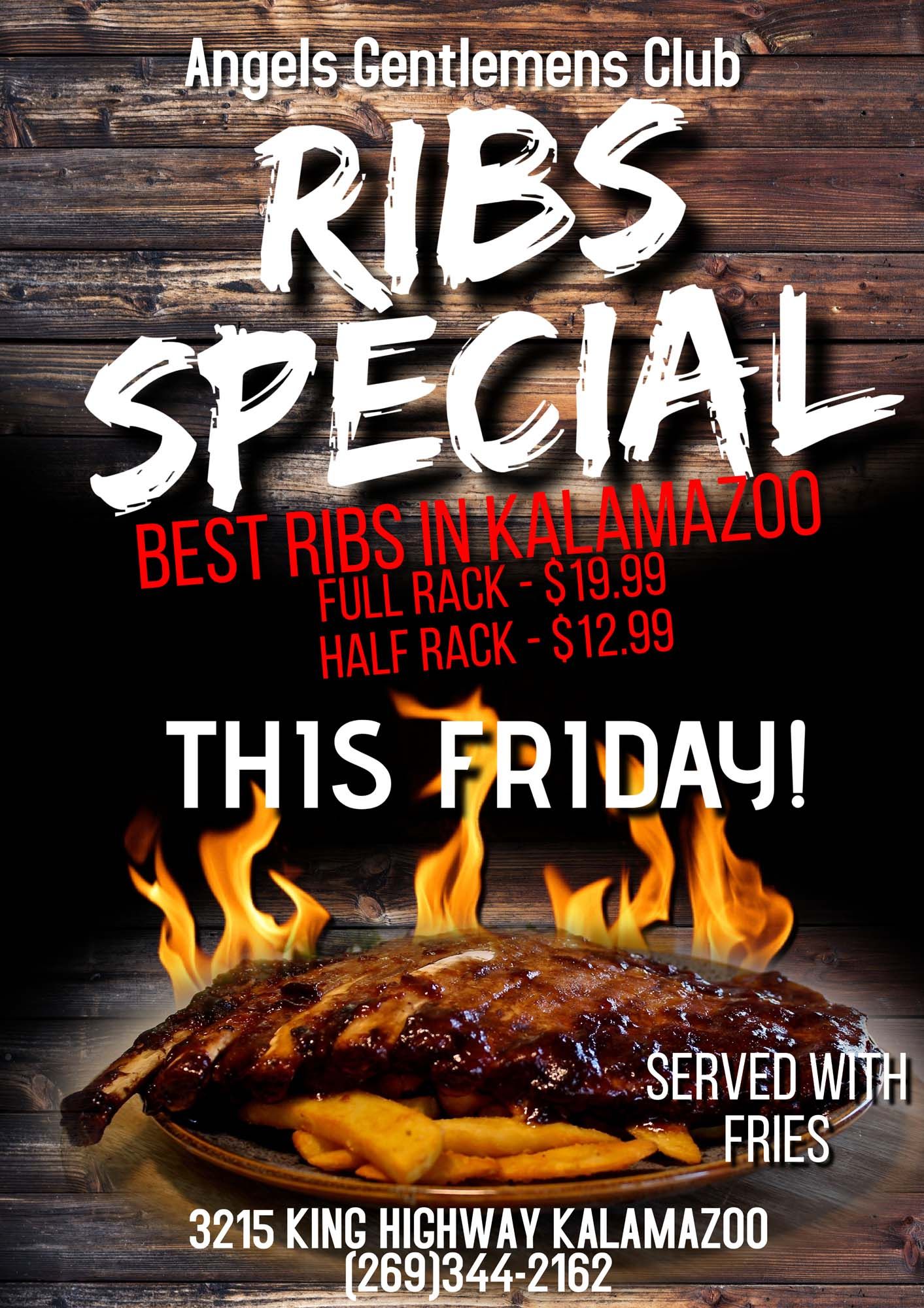 Ribs special advertisement: Ribs on a plate with fries, offered by Angel's Gentlemen's Club in Kalamazoo.