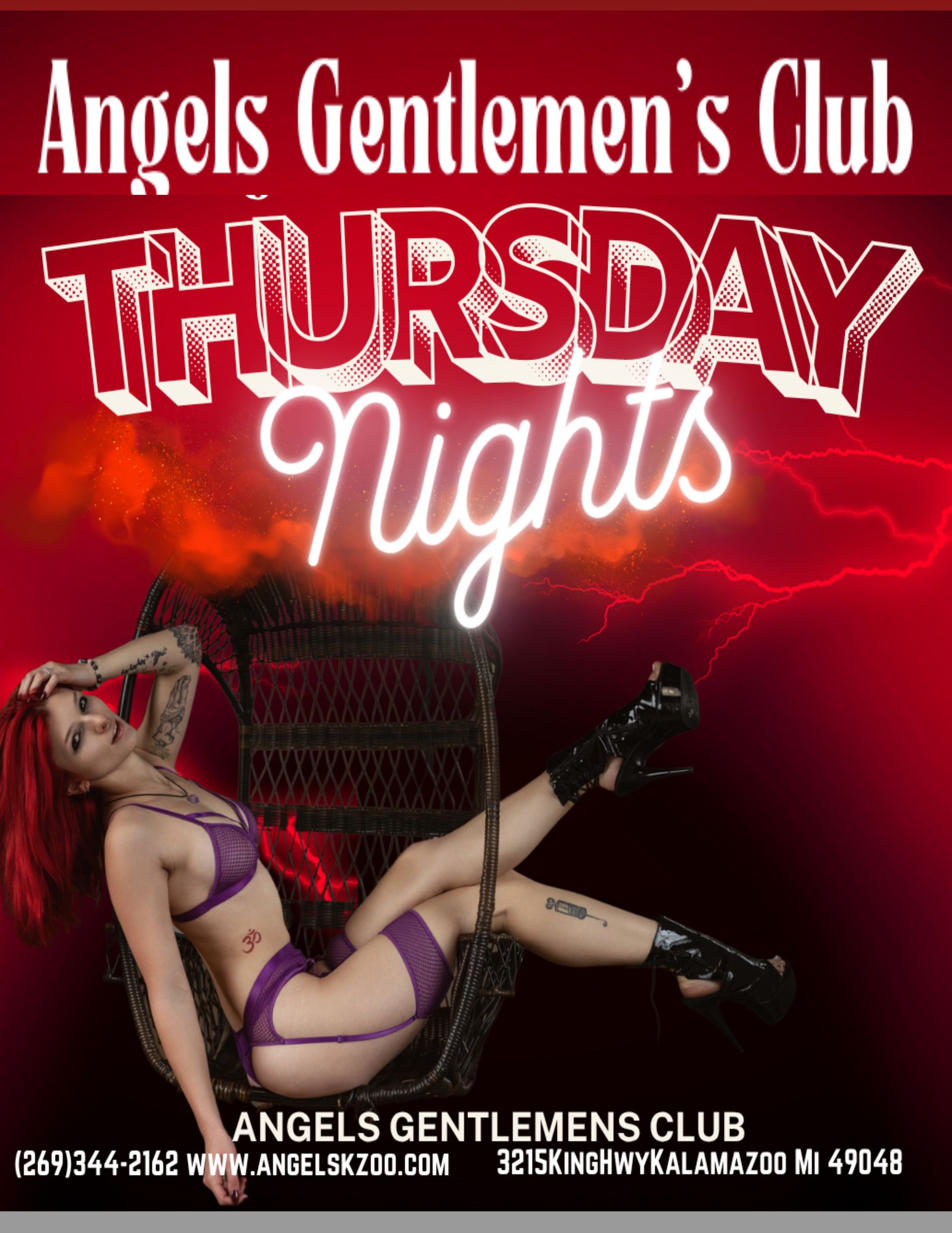 Advertisement for Angels Gentlemen's Club. Woman in lingerie reclines.