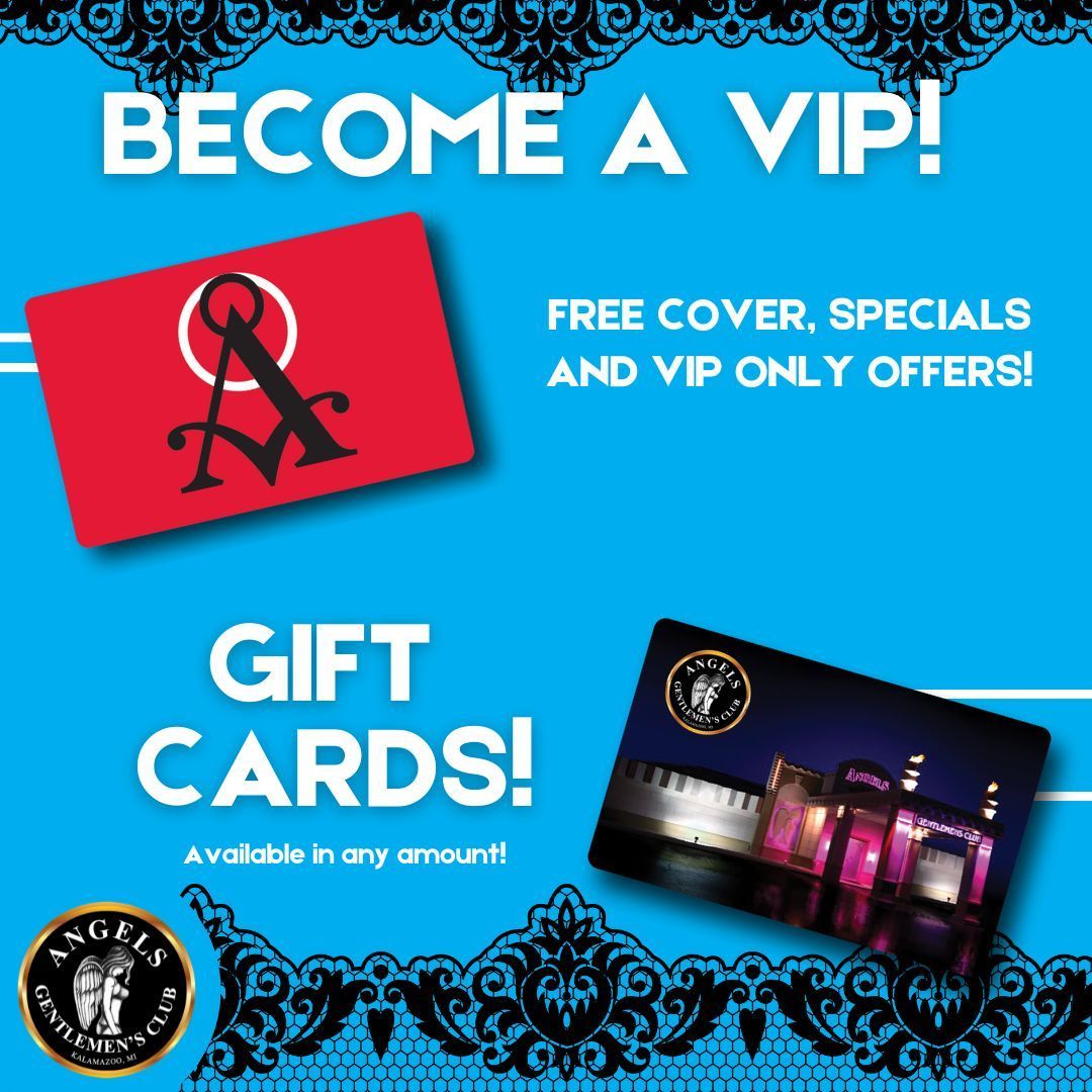 Advertisement for Angels Gentlemen's Club: VIP cards and gift cards, blue background with lace design.