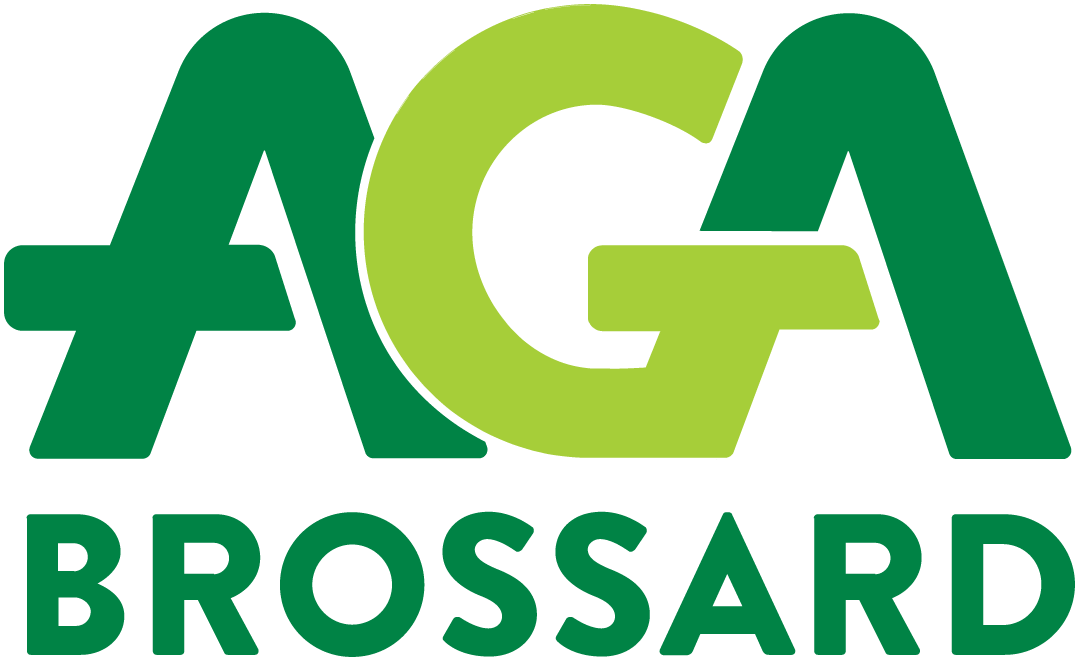 Un logo vert et blanc pour aga brossard sur fond blanc