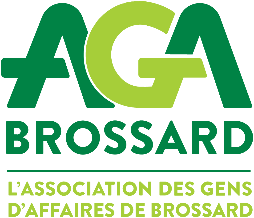 A green and white logo for aga brossard l' association des gens d' affaires de brossard
