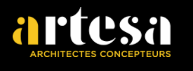 A logo for artesia architectes concepteurs on a black background
