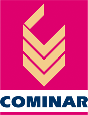 Un logo cominar avec une flèche jaune sur fond rose