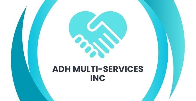 Le logo d'adh multi-services inc représente une poignée de main en forme de cœur.