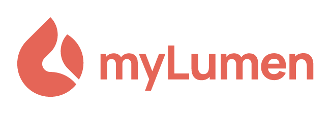 Le logo de mylumen est rouge et blanc avec une flamme au milieu.