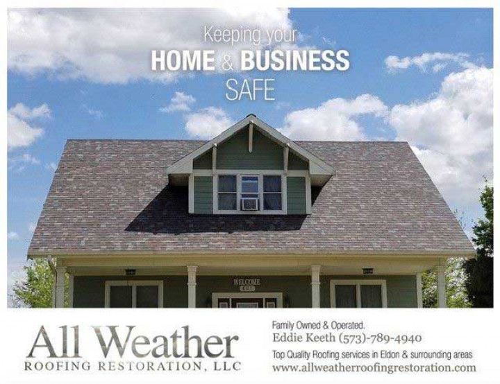 Ad for All Weather Roofing Restoration, LLC. Shows a house with a new roof and text promoting safety.