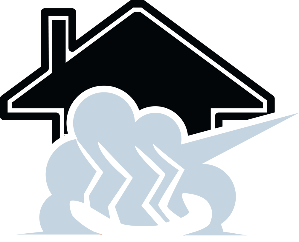 a black and white icon of a house with smoke coming out of it .