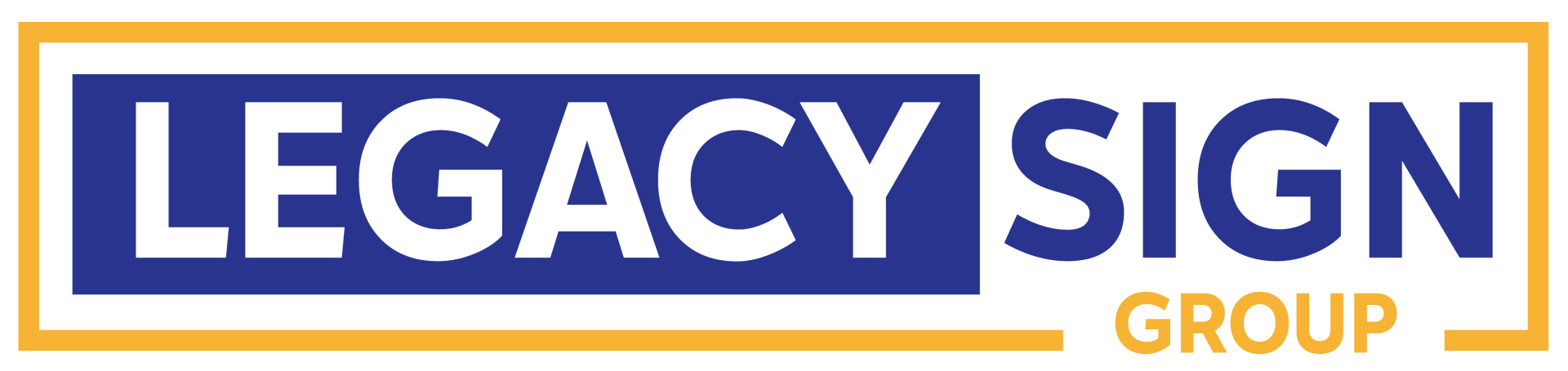 The logo for legacy sign group is blue and yellow.