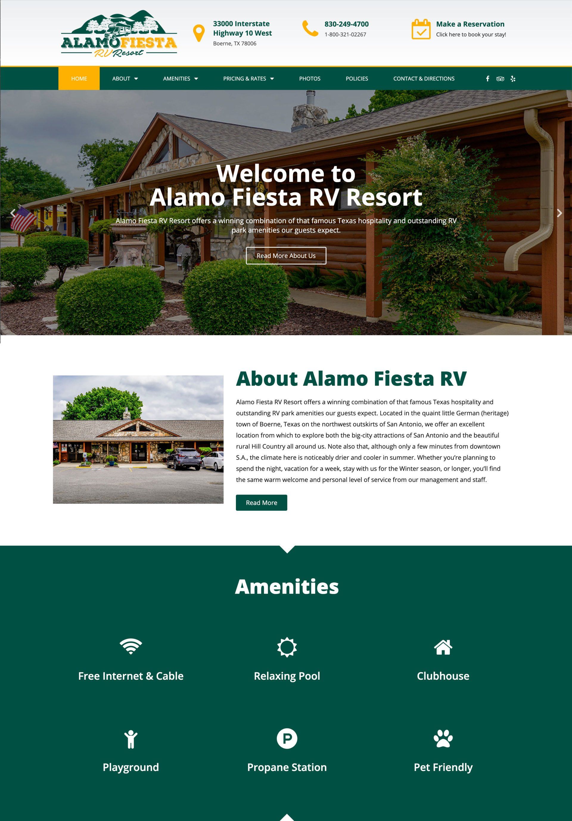 A screenshot of the website for the alamo fiesta rv resort.