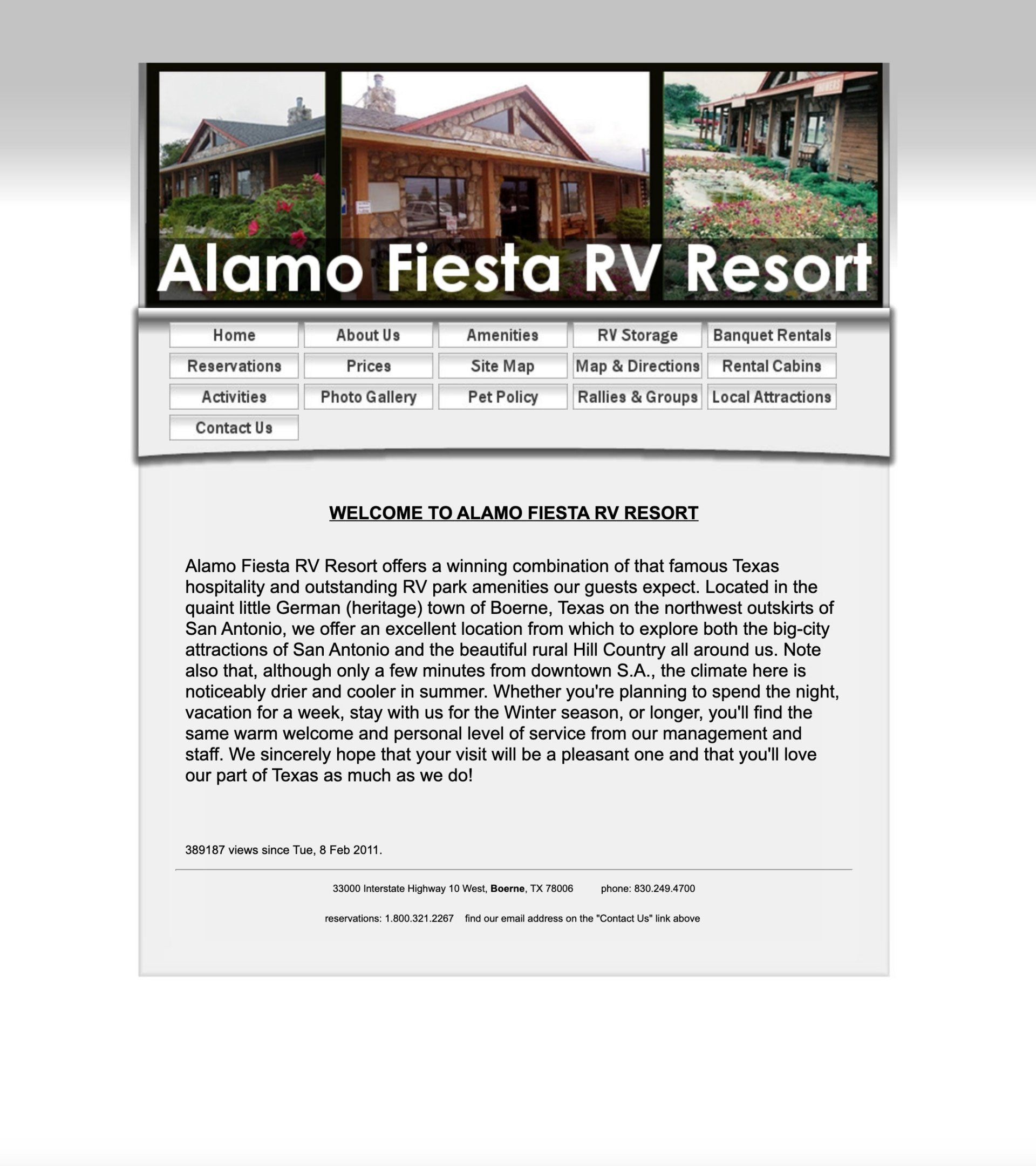 An advertisement for alamo fiesta rv resort with a picture of a house