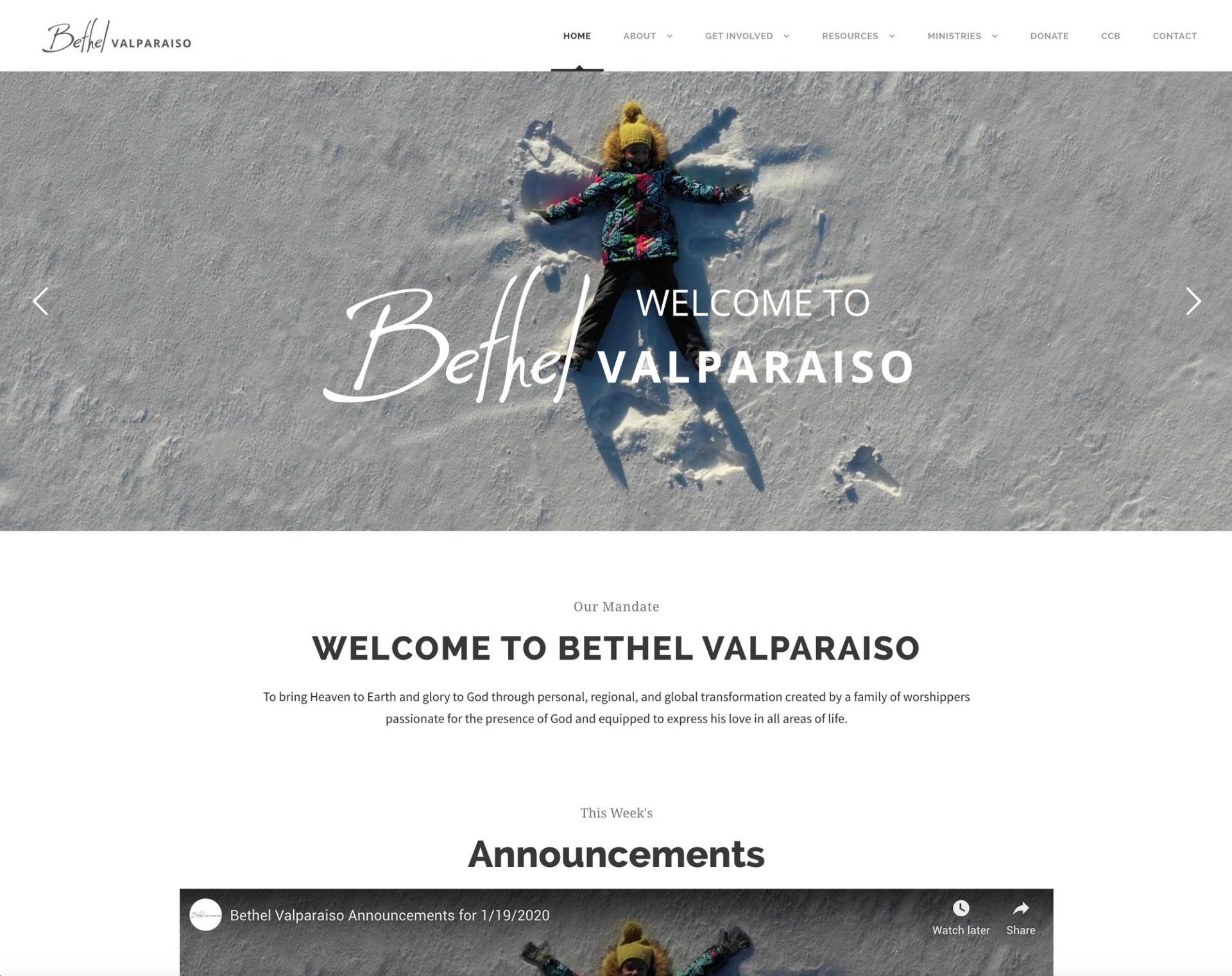 A screenshot of the website for bethel valparaiso.