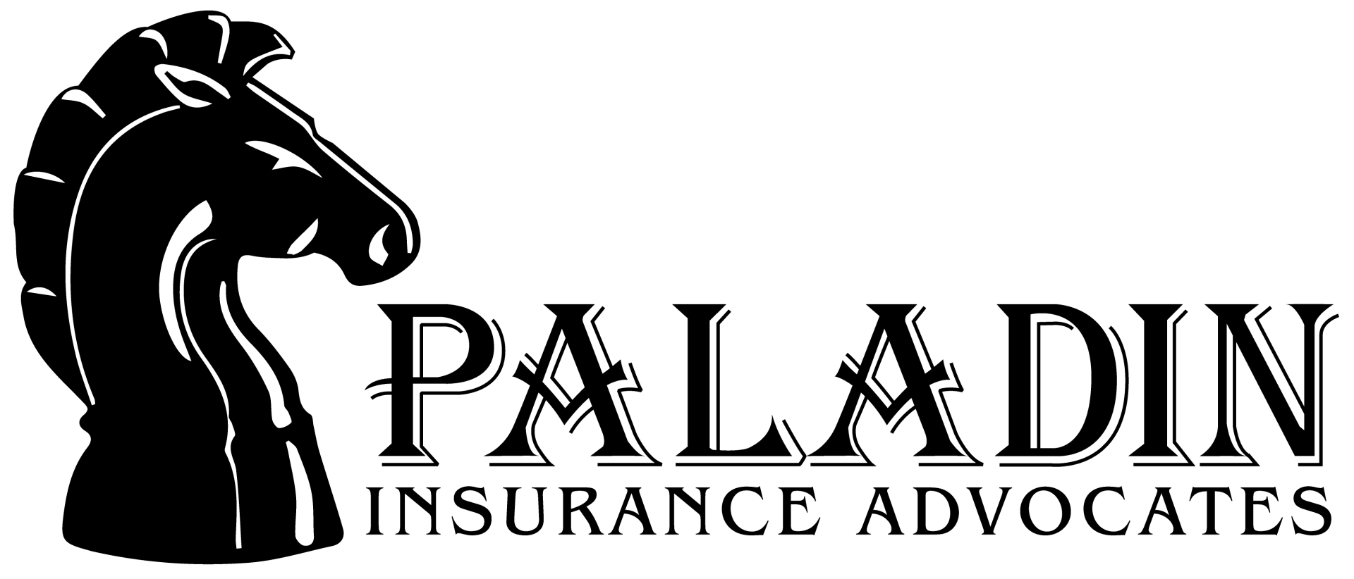 A black and white logo for paladin insurance advocates with a horse head.