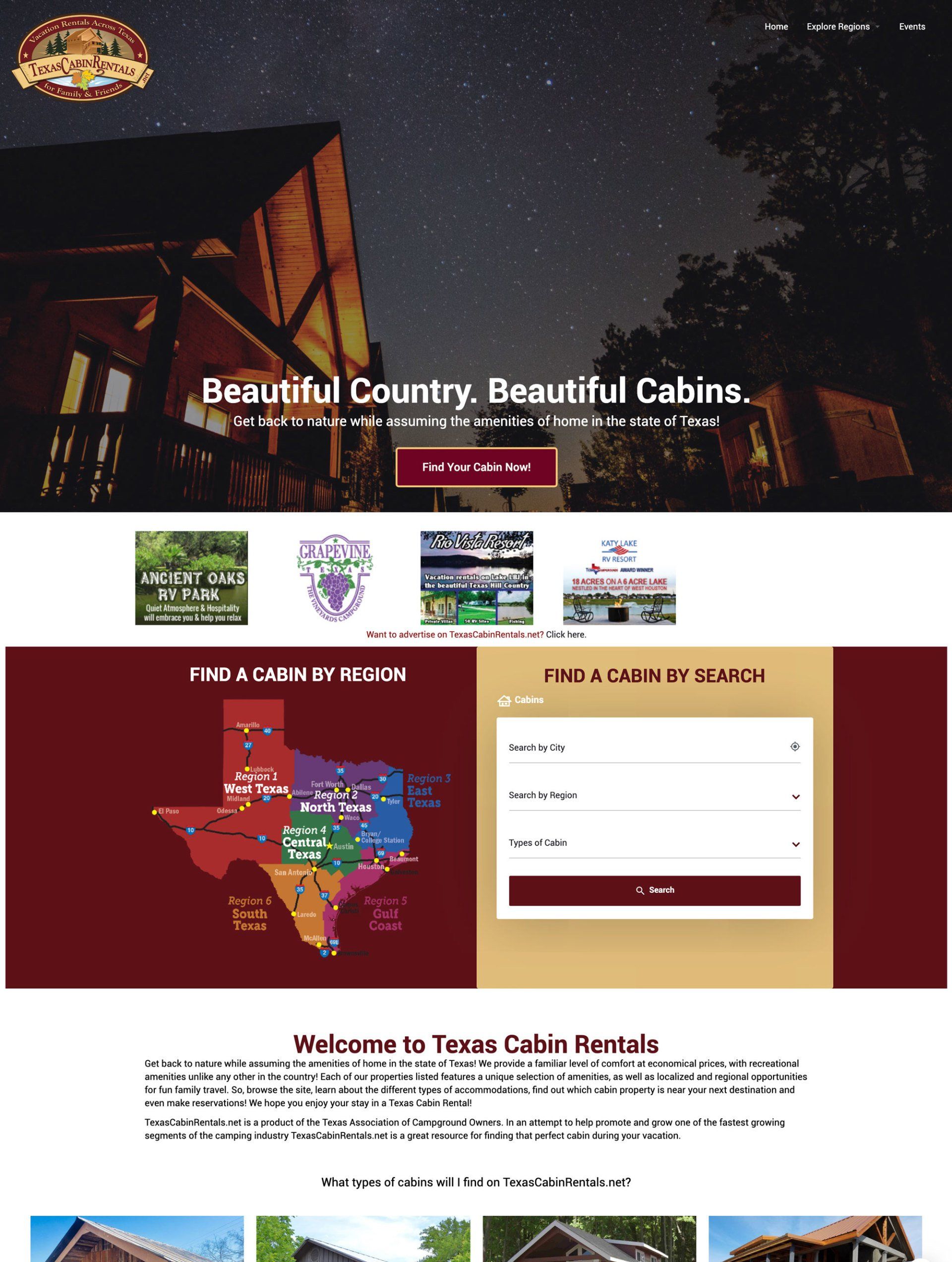 A screenshot of a website for beautiful country beautiful cabins in texas.