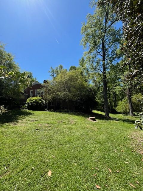 A lush green field with trees and a house in the background